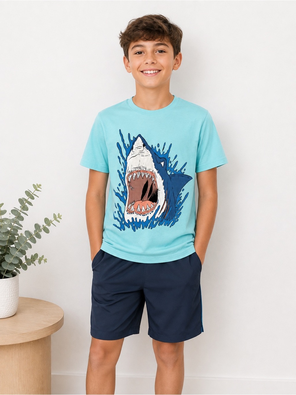 Boys Shark Graphic T-Shirt Aqua Blue Short Sleeve Tee XL 14 Children’s Place